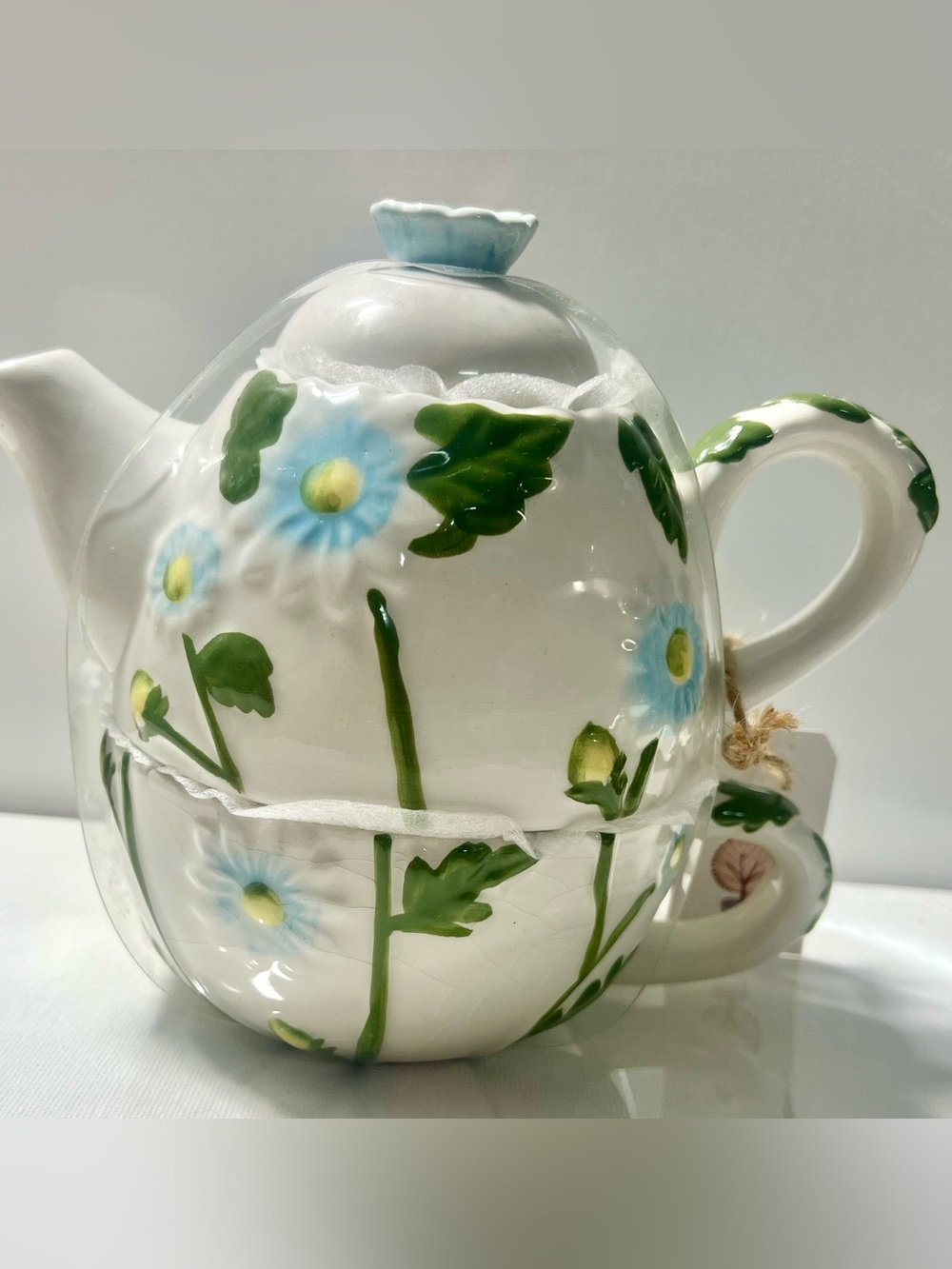 Ceramic Daisy Teapot and Cup Set - White with Blue & Green Floral Design
